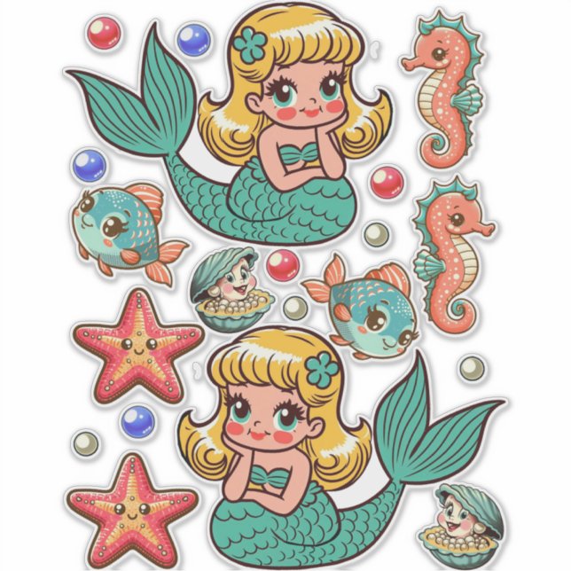 Sticker Cute 1950 Mermaids poupées en papier vie marine im (Devant)