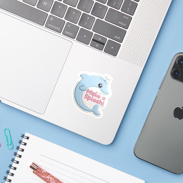 Sticker Cute 3D Pastel Blue Dolphin "Make a Splash"  (Ordinateur portable avec iPhone)