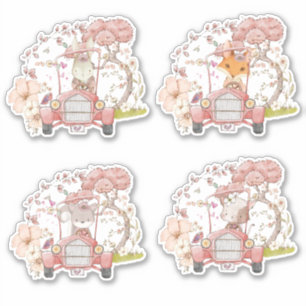 Sticker Cute 4 Bois Animaux Vintage Voiture Foliage fille