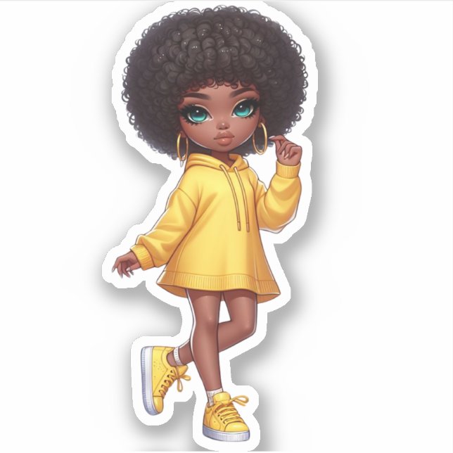 Sticker Cute afro chibi noir fille/ jaune (Devant)