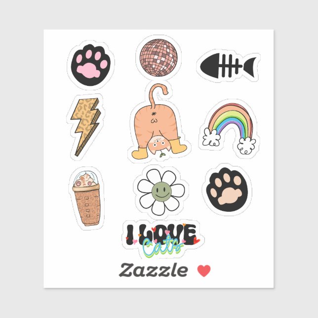 Sticker Cute amusant chat Paw Poisson Rainbow Pack (Feuille)