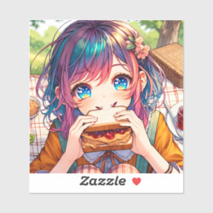 Sticker Cute Anime Girl mangeant un beurre d'arachide et g