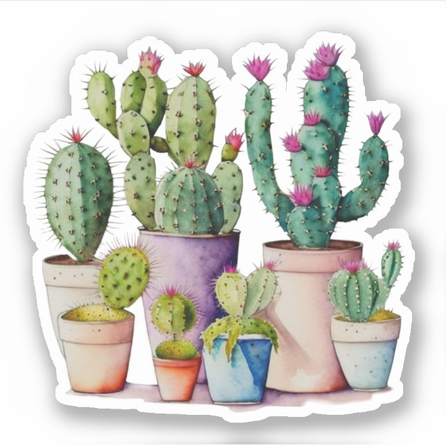 Sticker Cute aquarelle cactus succulents dans les pots (Devant)
