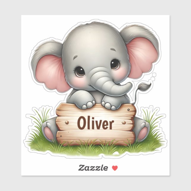 Sticker Cute Baby Elephant Holding a Name Sign (Feuille)