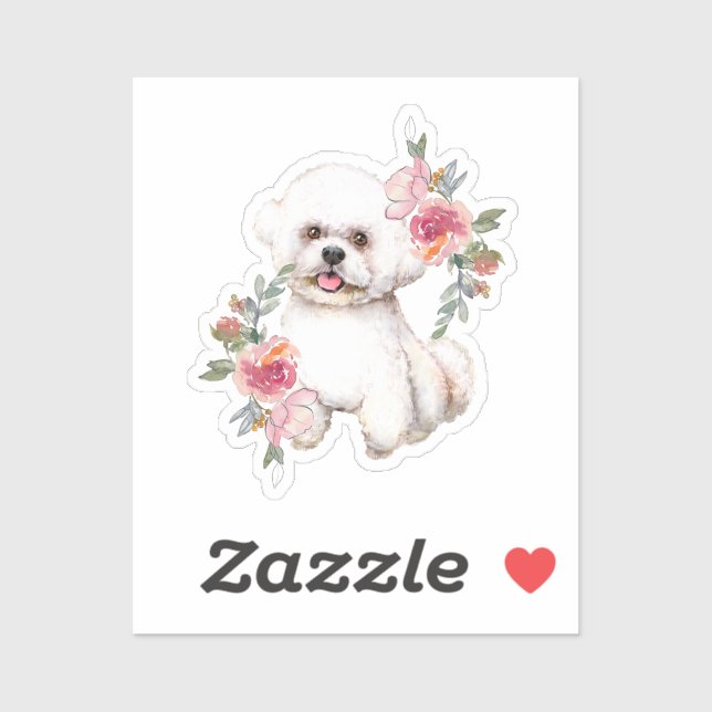 Sticker Cute Bichon Frise avec Fleurs Aquarelle Art (Feuille)