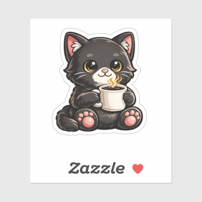 Sticker Cute Black Cat with Coffee (Feuille)