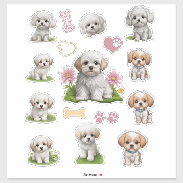 Sticker Cute Blanc et Tan Chiots Fleurs Coeurs (Feuille)