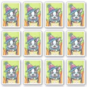 STICKER CUTE BOSTON TERRIER PUP DANS HALLOWEEN CLOWN COSTU