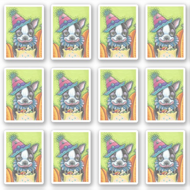 STICKER CUTE BOSTON TERRIER PUP DANS HALLOWEEN CLOWN COSTU (Devant)