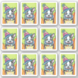 STICKER CUTE BOSTON TERRIER PUP DANS HALLOWEEN CLOWN COSTU