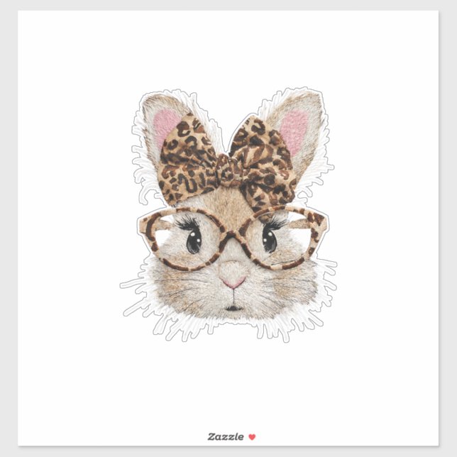 Sticker Cute Bunny Rabbit Face Leopard Coquette Bow Glasse (Feuille)