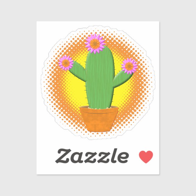 Sticker Cute Cactus Cartoon Avec Fleurs Roses (Feuille)