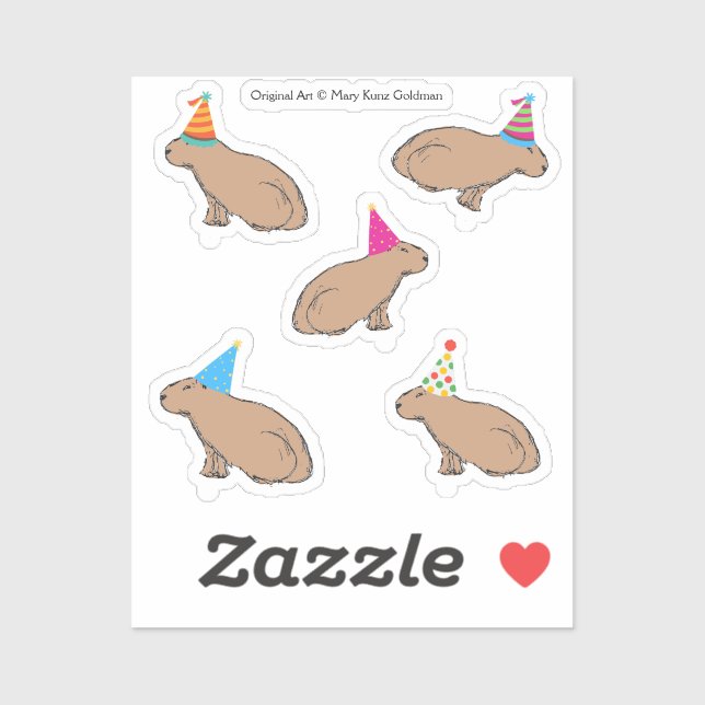 Sticker Cute Capybara Anniversaire Illustré à la main Zoo  (Feuille)
