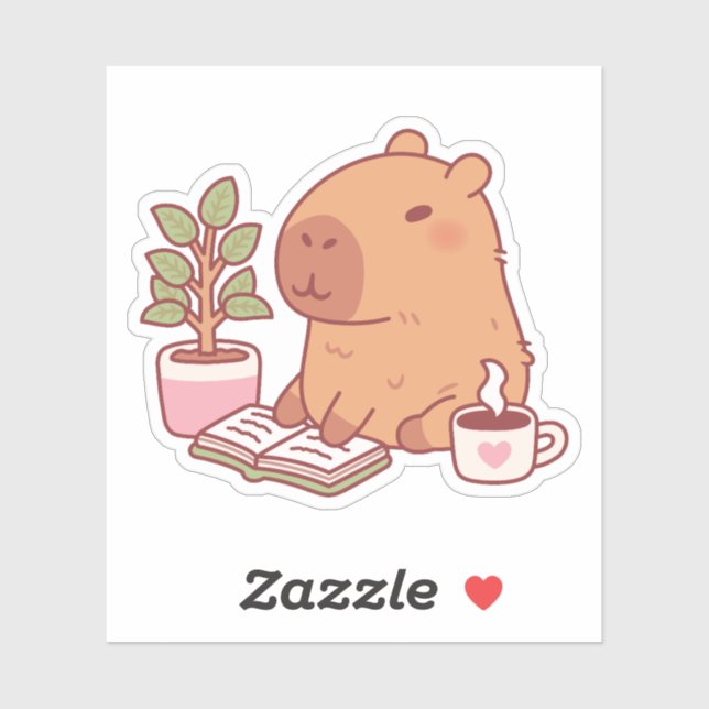 Sticker Cute Capybara Profitant D'Une Bonne Lecture Et Caf (Feuille)