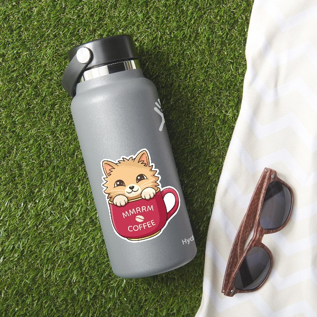 Sticker Cute Cartoon Kitten in Coffee Mug Custom Text (HydroFlask Insitu)