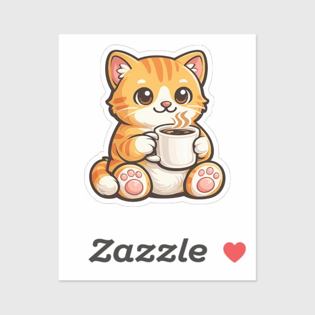 Sticker Cute Cat Coffee – Cozy Orange Cat Drinking Coffee  (Feuille)