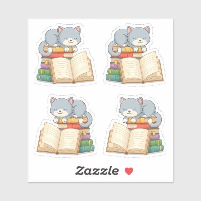 Sticker Cute Cat on top of a Book Stack, Set of 4 (Feuille)