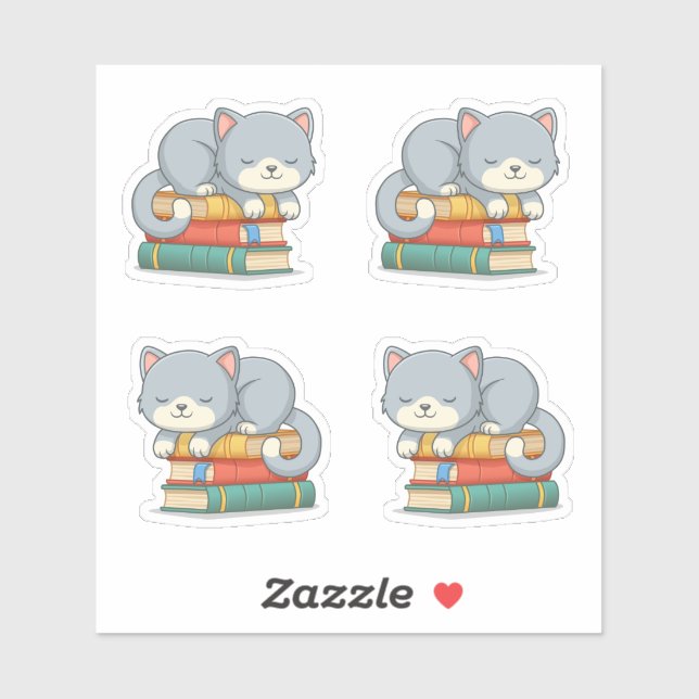 Sticker Cute Cat on top of Stack of Books, Set of 4 (Feuille)