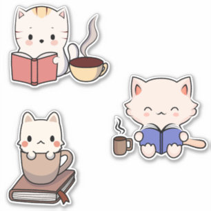 Sticker Cute Cats Lecture Livres et Boire Café