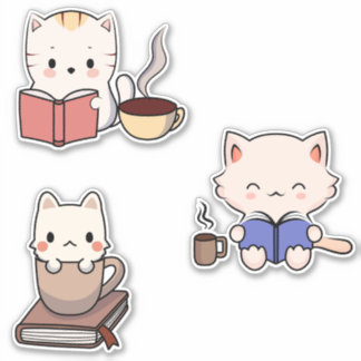 Sticker Cute Cats Lecture Livres et Boire Café