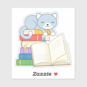 Sticker Cute Chat au-dessus d'une pile de livres