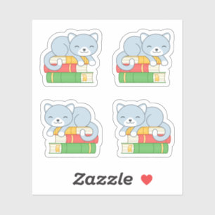 Sticker Cute Chat sur le dessus de la pile de livres, Set