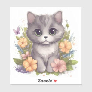 Sticker Cute chaton gris avec fleurs de printemps