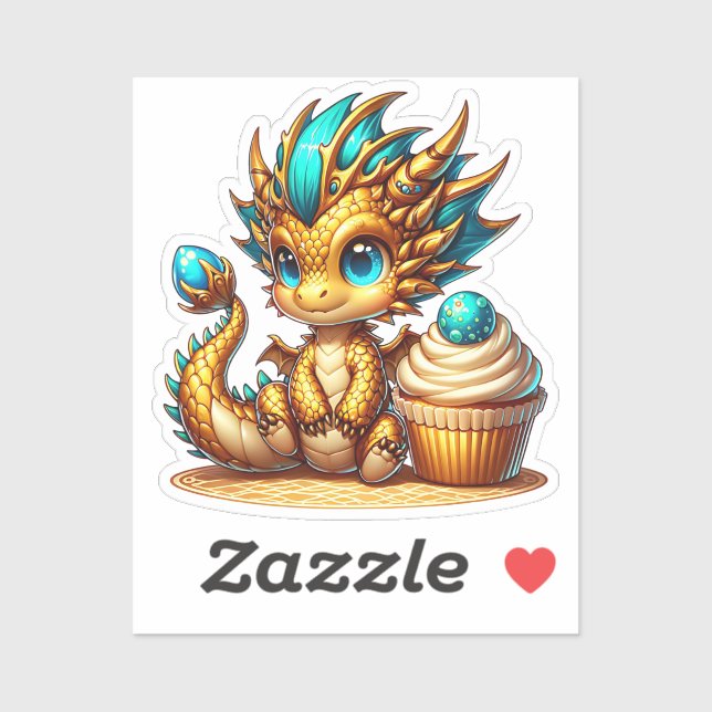 Sticker Cute Chibi Gold et Blue Dragon avec Cupcake (Feuille)