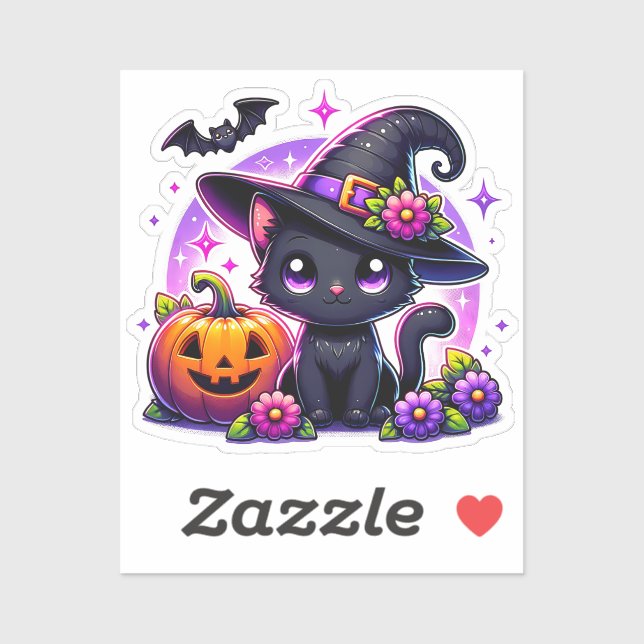 Sticker Cute Chibi Halloween Chat noir et Citrouille (Feuille)