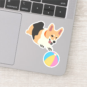 Sticker Cute Chien Corgi Jouer avec Beach Ball