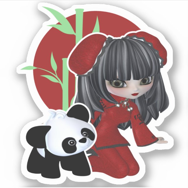 Sticker Cute Chinoise Fille Avec Panda Et Bambou (Devant)
