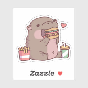 Sticker Cute Chubby Pygmy Hippo Aime Manger Burger