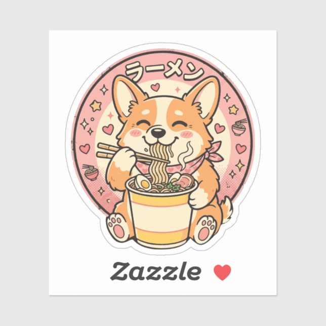 Sticker Cute Corgi Eating Ramen Kawaii Japanese Noodle  (Feuille)