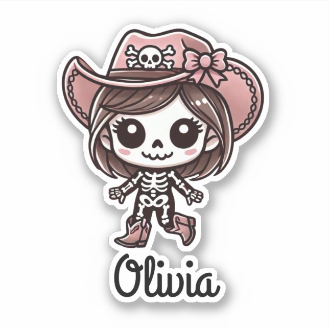 Sticker Cute, Cowgirl Skeleton, Nom Personnalisé, Hallowee (Devant)