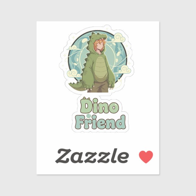 Sticker Cute Dino Friend Anime Boy - Green Dinosaur (Feuille)