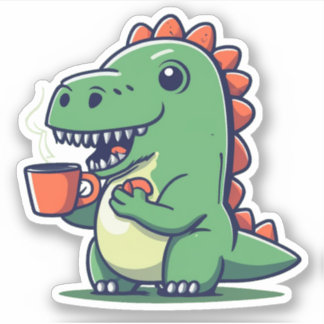 Sticker Cute Dinosaur tenant une coupe de café