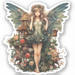 Sticker Cute Fairy Girl in Floral Garden