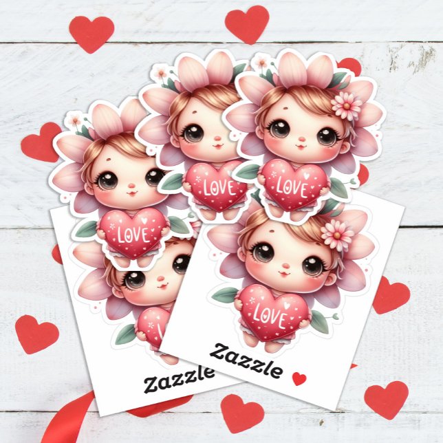 Sticker Cute Fairy Rose Red Heart Love Valentine's Day (Cute heart/love Valentine's Day fairy sticker )