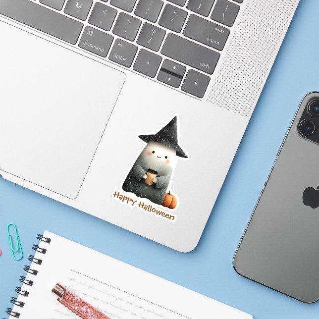 Sticker Cute fantôme avec Halloween café (Ordinateur portable avec iPhone)