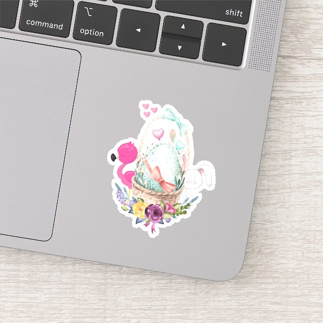 Sticker Cute Flamant rose rose lapin blanc et oeuf (Détail)