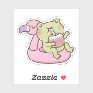 Sticker Cute Frog Chilling Sur Flamant rose Flotte De Pisc