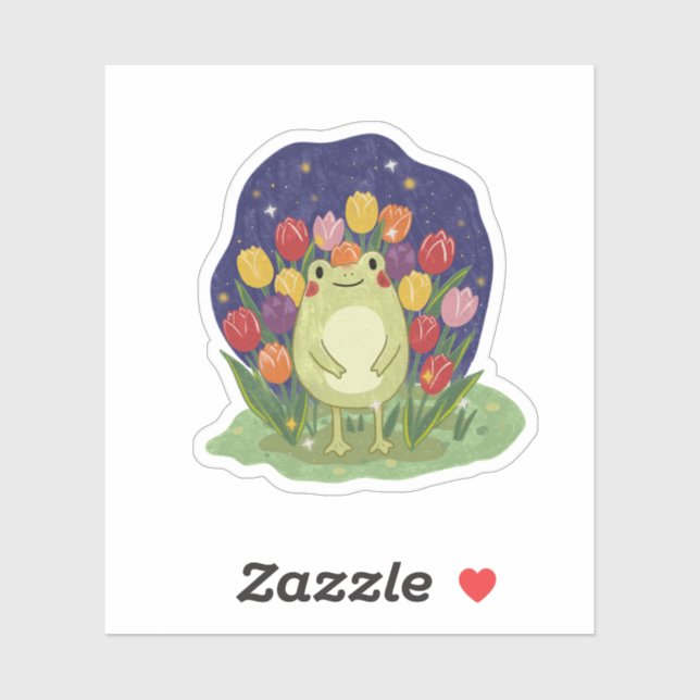 Sticker Cute Frog in a Tulip Garden at Night Illustration (Feuille)