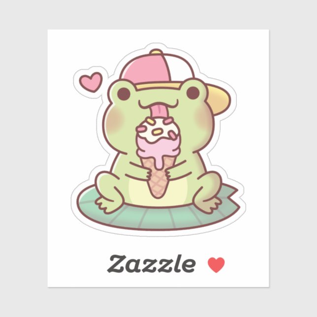 Sticker Cute Frog Licking Sur La Crème De Glace (Feuille)