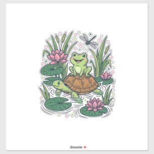 Sticker Cute Frog Riding Turtle Pond Vintage Vector Art_1