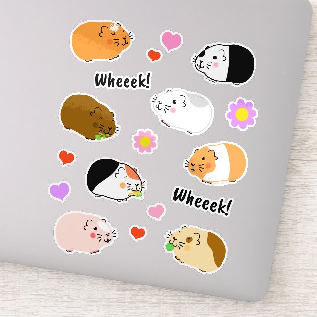 Sticker Cute Guinea Pigs with Hearts and Flowers (Détail)