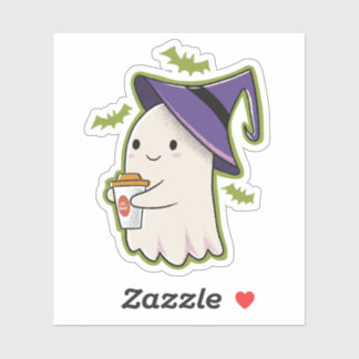 Sticker Cute Halloween Ghost avec Coffee Cup