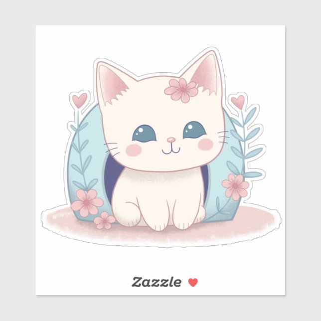 Sticker Cute, Happy Kitty avec une nouvelle maison (Feuille)
