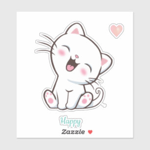 Sticker Cute Happy Kitty Chat & Coeur