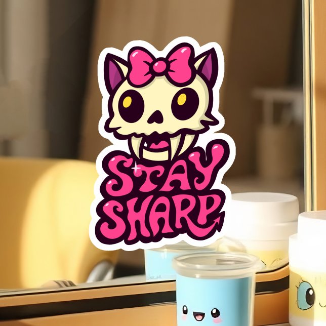 Sticker Cute Kawaii Chat Crâne rose Bow Gothique Punk Girl (Kawaii cat skull sticker with bold fangs, vibrant colors, and a cheeky "Stay Sharp" message.)