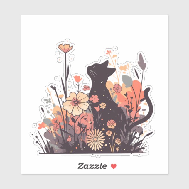 Sticker Cute Kawaii Chat dans le champ plein de fleurs (Feuille)